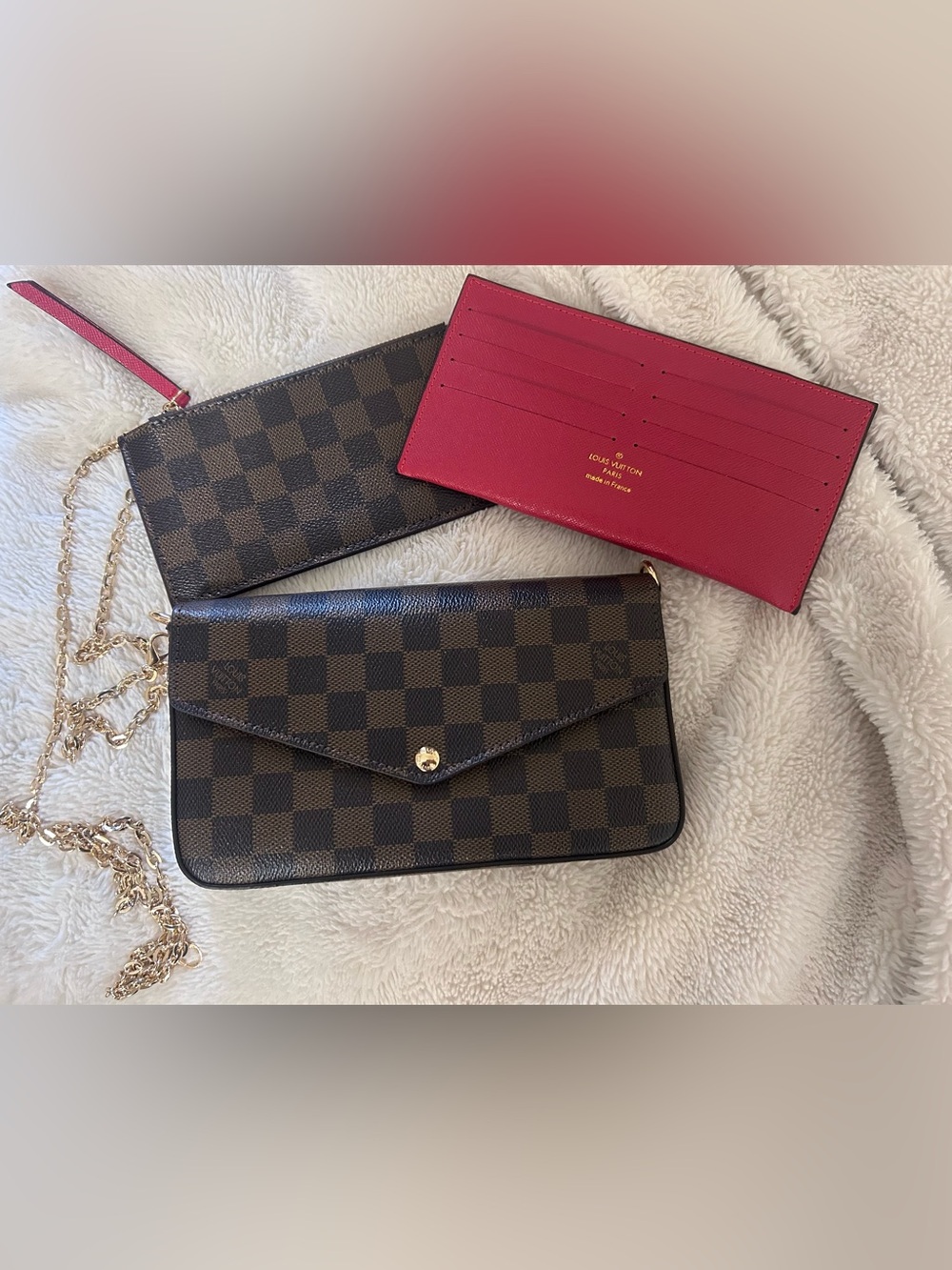 Louis Vuitton Damier Ebene Chain Wallet with Red Card Holder